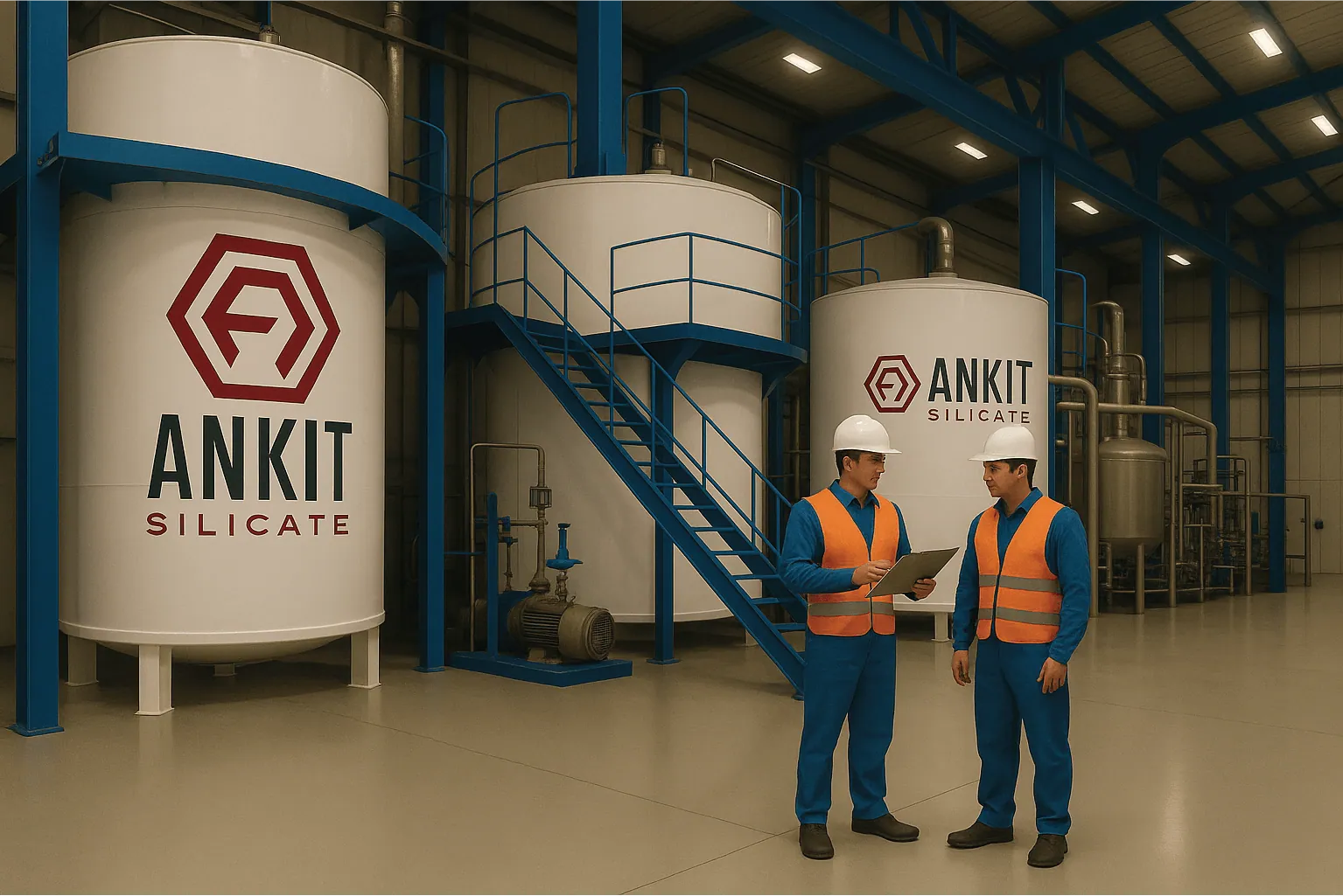 Engineers inspecting Ankit Silicate storage tanks