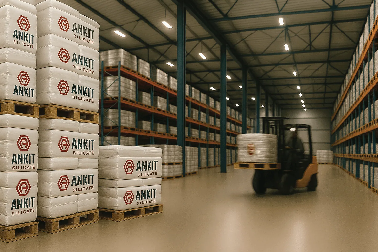 Ankit Silicate warehouse with stacked bags of sodium silicate