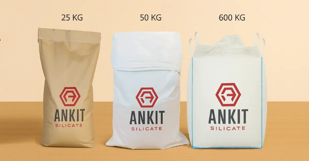 Sodium silicate powder packed in 25 kg, 50 kg and 600 kg bags