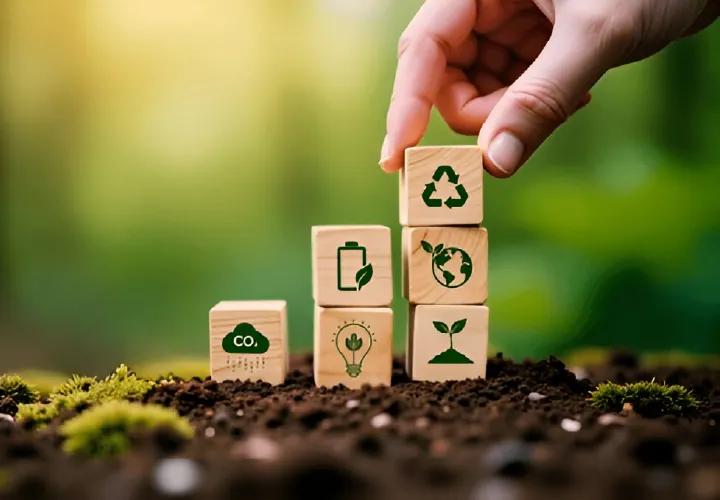 Hand placing eco blocks with recycling and green energy icons, representing sustainable manufacturing